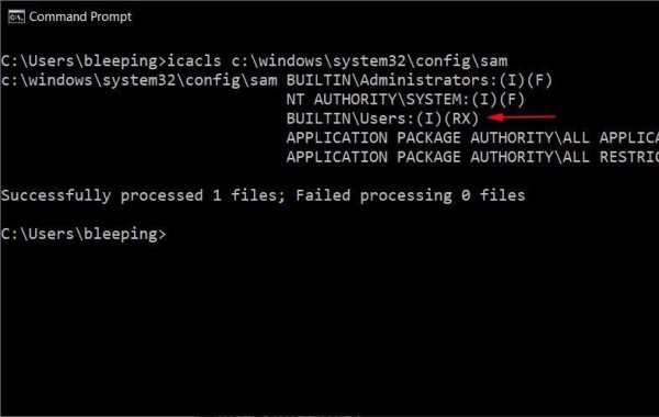 pantalla de terminal demostrando la vulnerabilidad SAM